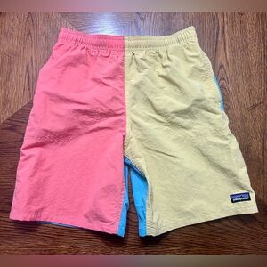 Patagonia Kids Colorblock Shorts in Coral Pink, Pale Yellow & Sky Blue